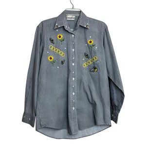 Hot Dames Button Shirt Blouse Bee Sunflower Embroidery Black White 90s Vintage L